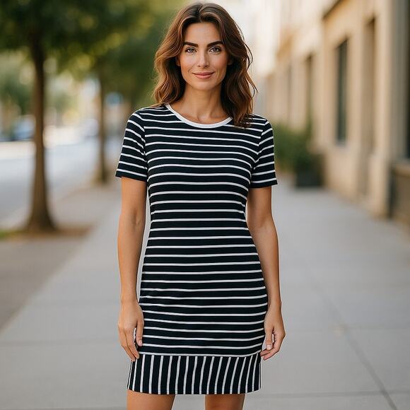 LuLaRoe Julia Dress Black White‎ Horizontal Vertical Stripes NEW NWT Small - Picture 1 of 6